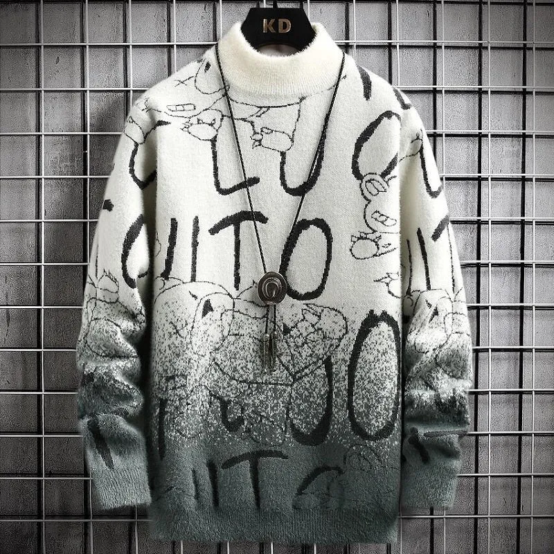 Letter Print Turtleneck Mink Cashmere Pullover