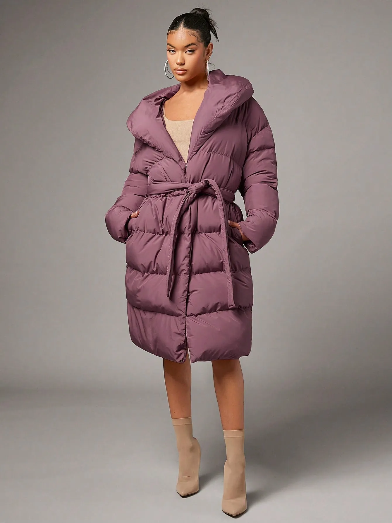 Redwood Single Breasted Slant Pocket Waterfall Collar Belted Puffer Coat