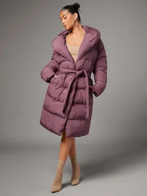 Redwood Single Breasted Slant Pocket Waterfall Collar Belted Puffer Coat