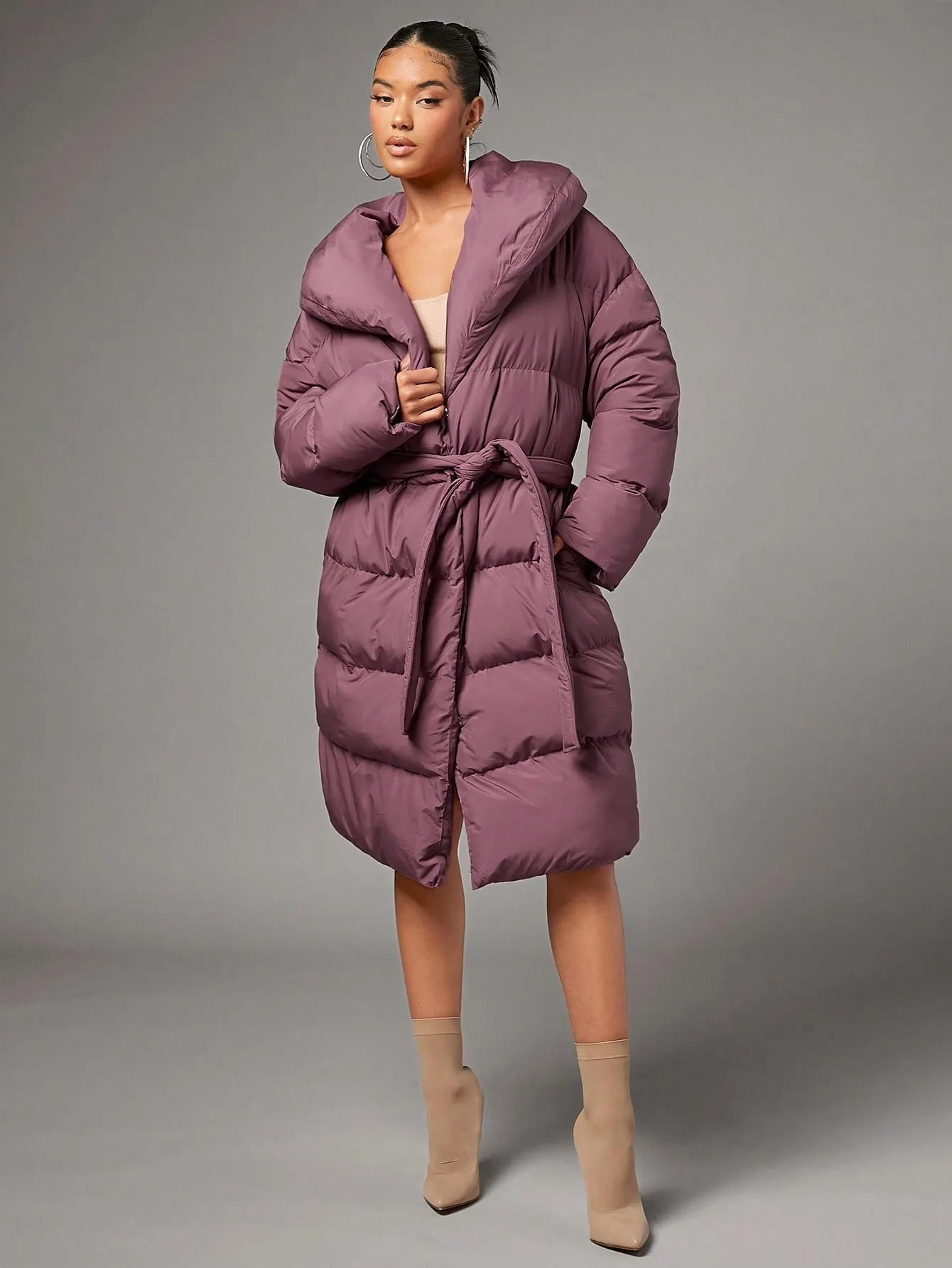 Redwood Single Breasted Slant Pocket Waterfall Collar Belted Puffer Coat