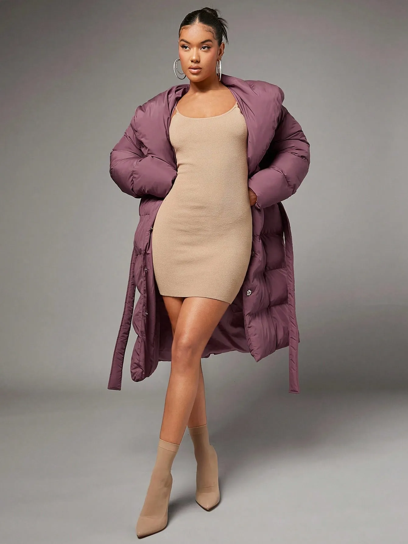 Redwood Single Breasted Slant Pocket Waterfall Collar Belted Puffer Coat