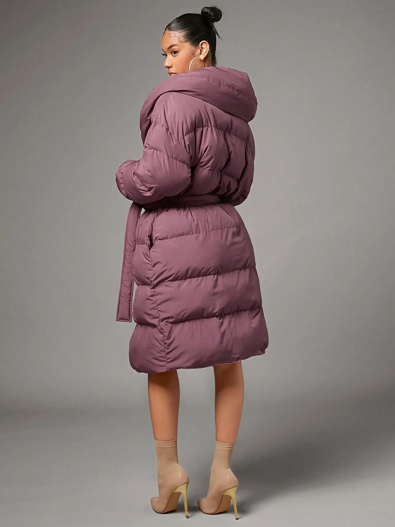Redwood Single Breasted Slant Pocket Waterfall Collar Belted Puffer Coat