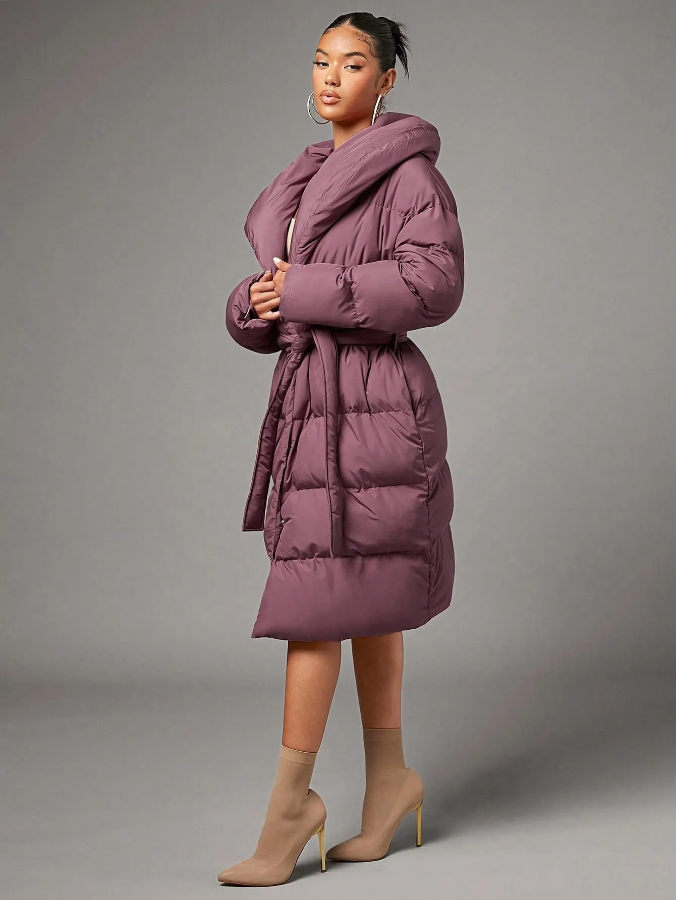 Redwood Single Breasted Slant Pocket Waterfall Collar Belted Puffer Coat