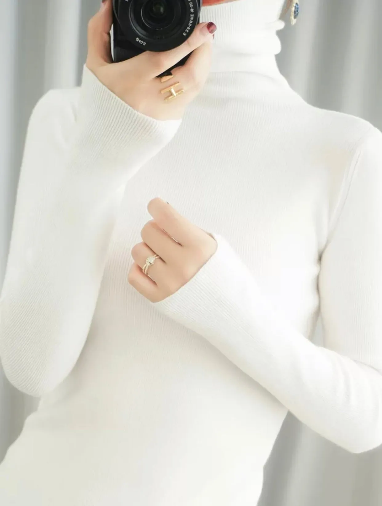 Women's Casual Wool Turtleneck Plain Thin Long Sleeve Pullover