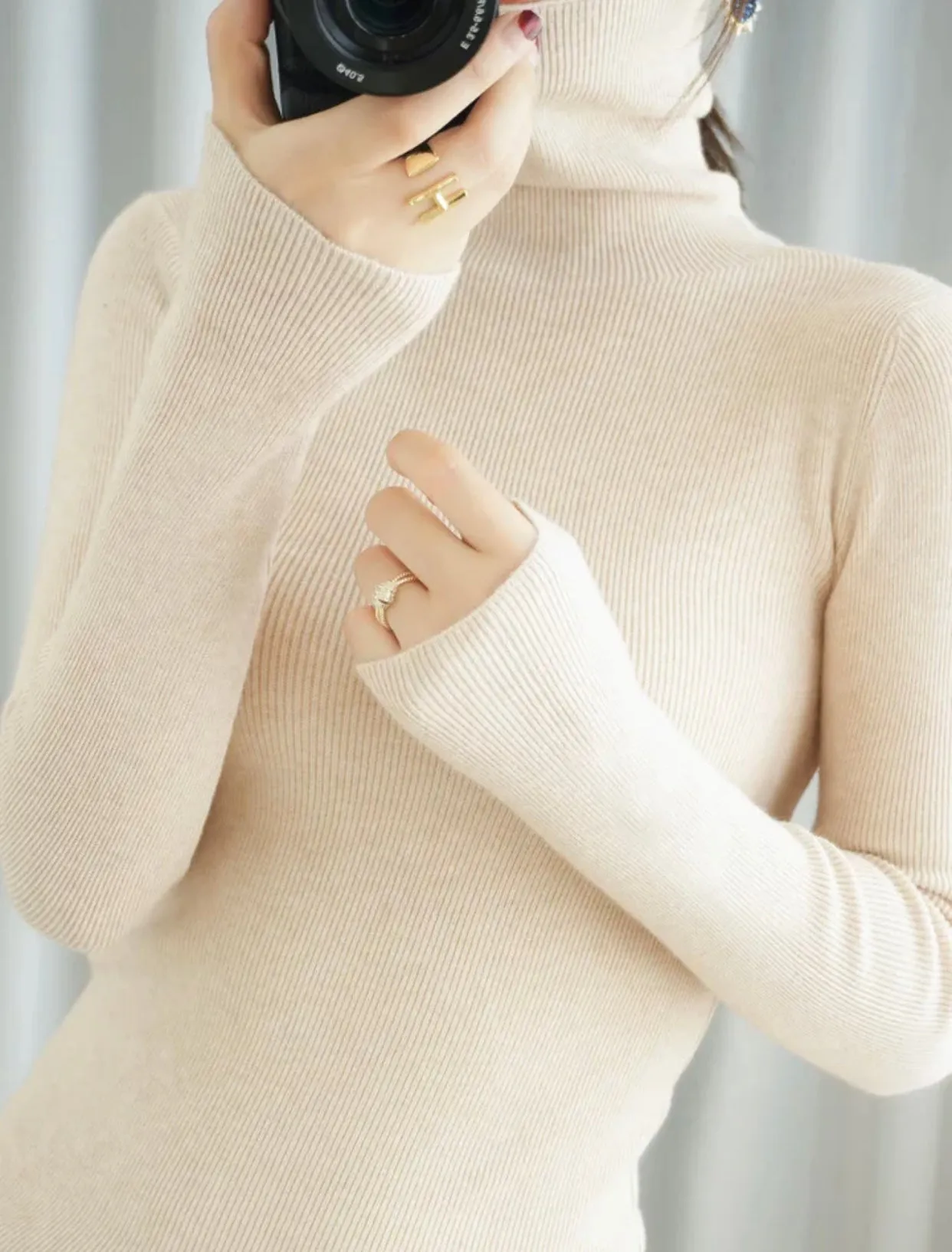 Women's Casual Wool Turtleneck Plain Thin Long Sleeve Pullover