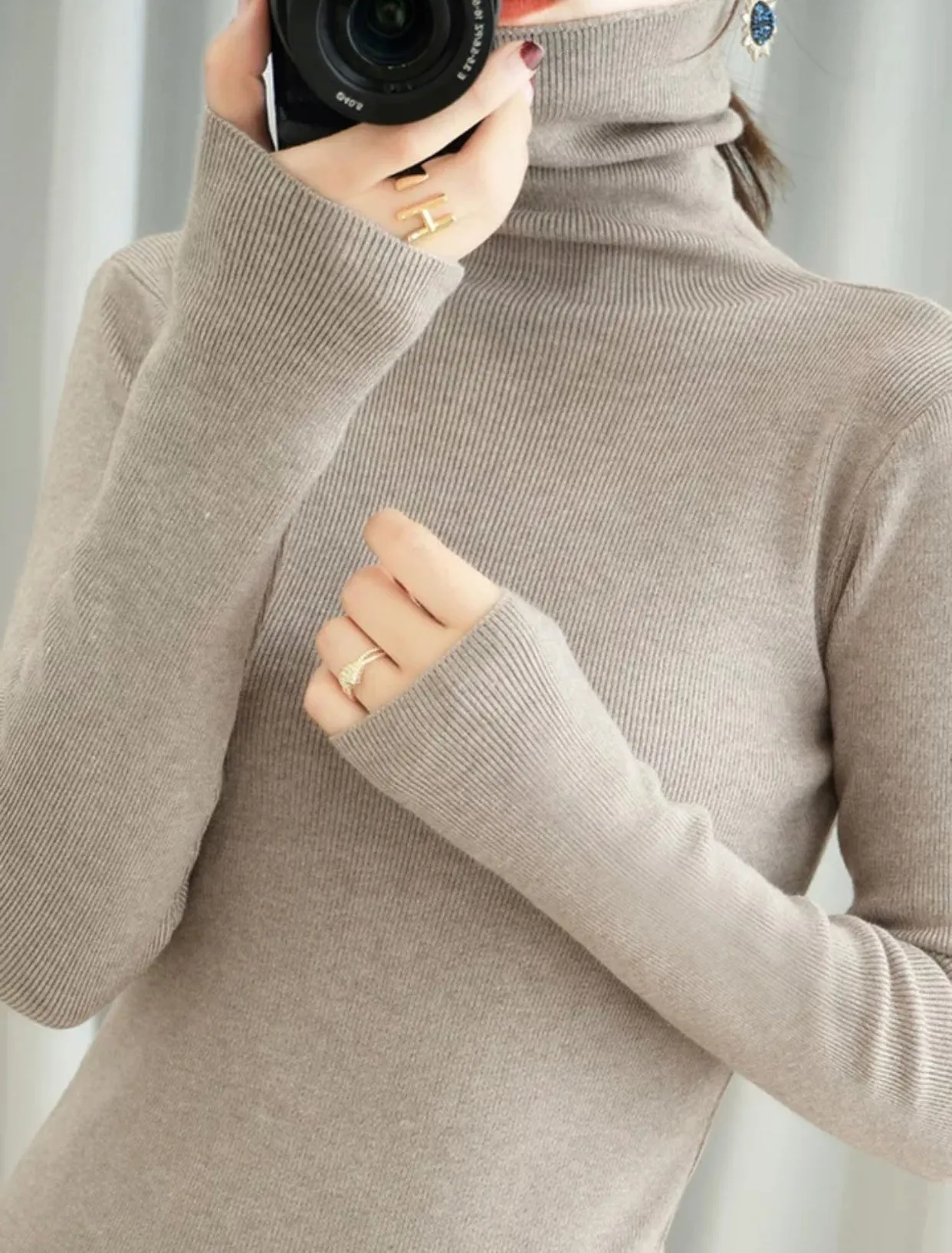 Women's Casual Wool Turtleneck Plain Thin Long Sleeve Pullover