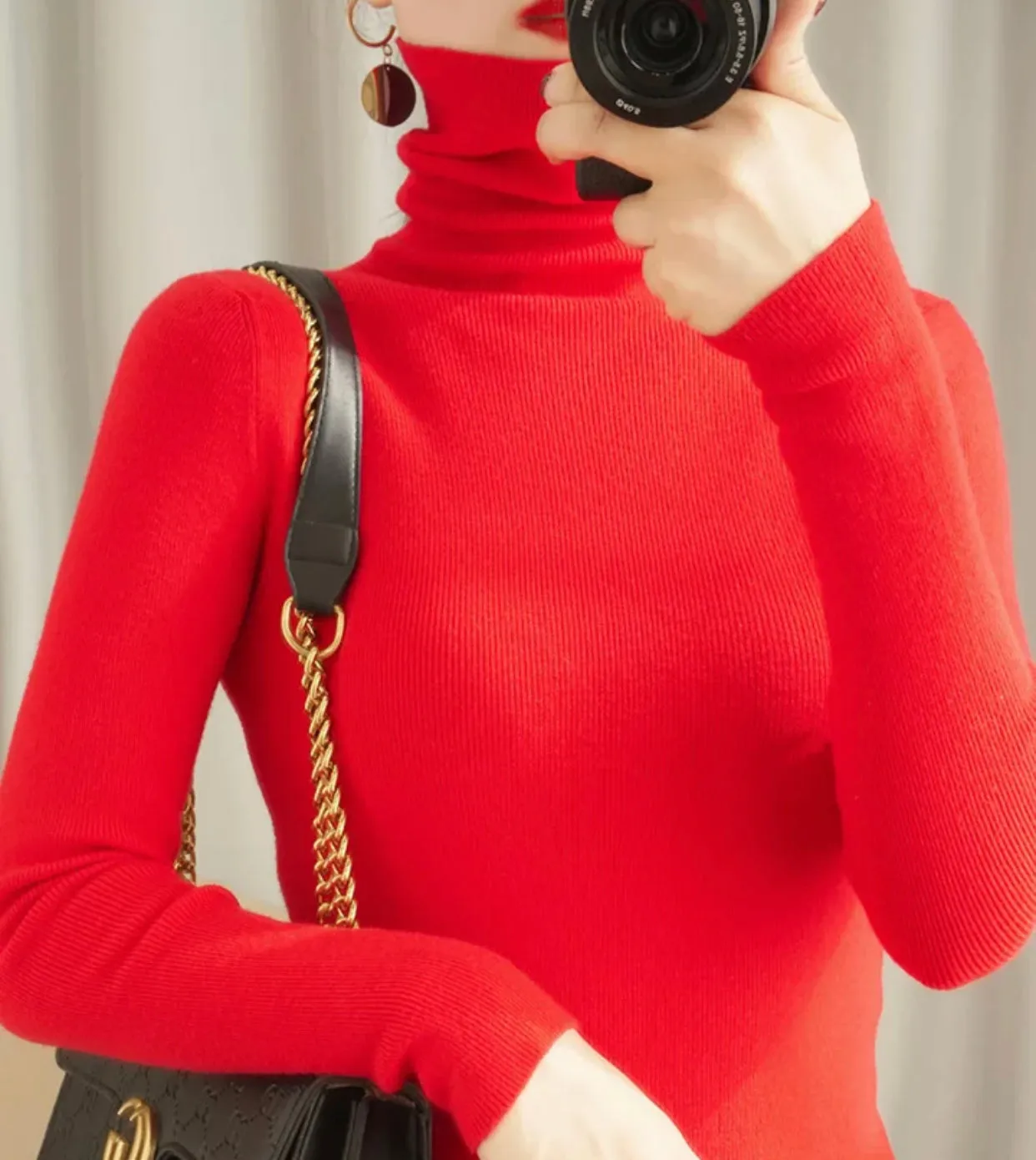 Women's Casual Wool Turtleneck Plain Thin Long Sleeve Pullover